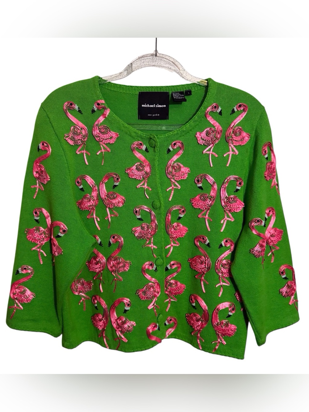 Michael Simon Size Large Green Pink Flamingo Cardigan Sweater Vacation Stretch